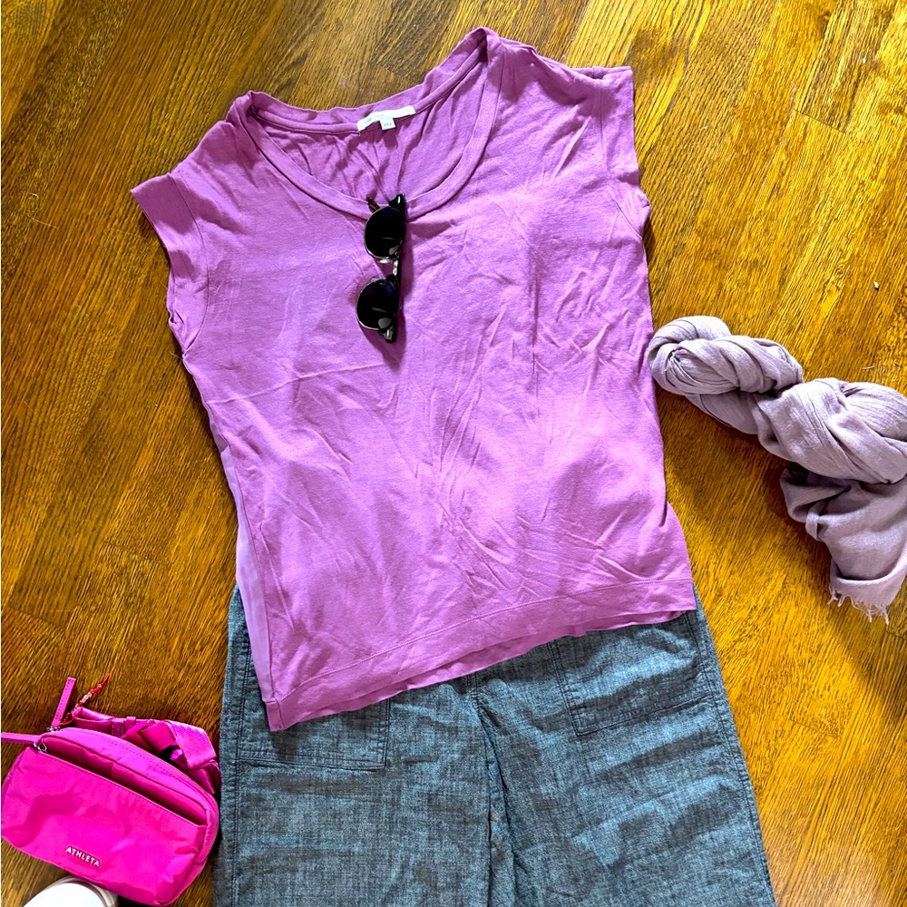 VINTAGE EUC GAP xs womens flowy top, mulberry purple, sheer overlay, cap sleeves